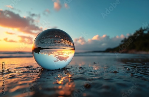 Glass ball rests on wet sand at ocean shore reflecting sunset sky and distant trees. Calm waves lap at beach with clouds in warm light. Crystal sphere captures serene seascape.
