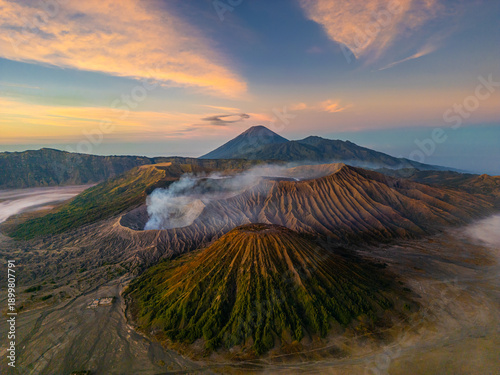 Quadro em tela Aerial drone view of Bromo active volcano with Kingkong hill viewpoint, Tengger