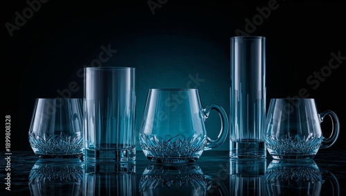 Different Glass Types Arranged on a Table in a Dim Light Setting With a Blue ...