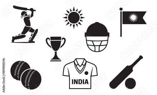 Cricket game icons and symbols vector set for sport design and patriotic graphic elements