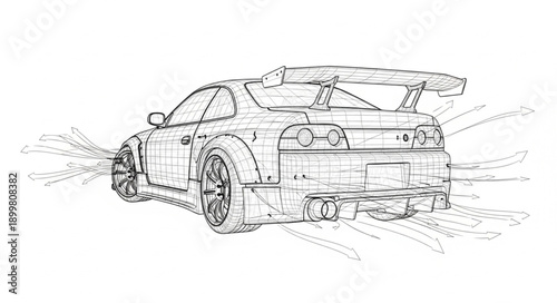 Detailed Sketch of a Sports Car with a Large Spoiler.