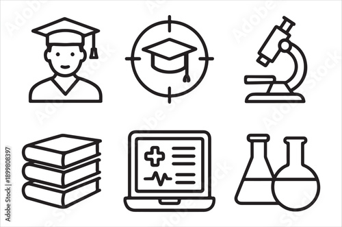 Line art icons representing education science medicine and academic pursuits