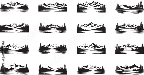 black and white mountain landscape silhouettes with trees and water