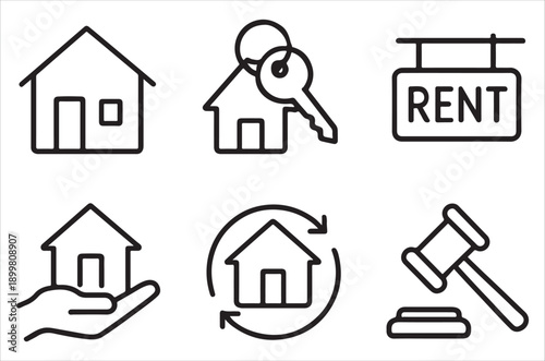 Real estate and rental icons depicting houses keys and legal processes