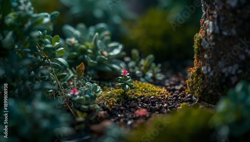 Plants Grow in Small Garden With Colorful Flowers and Stones in Evening Light