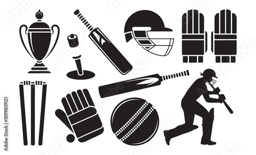 Cricket equipment vector icons set including trophy, bails, bat, helmet, gloves, ball, wickets, and batsman