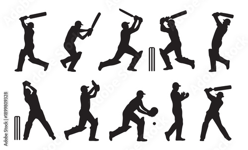Cricket player silhouettes show batting bowling and fielding in dynamic action poses on white background vector