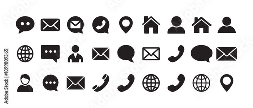 Modern contact information pictograms showing phone email address user location and digital interaction symbols