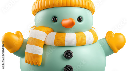 Cute cartoon snowman character with a bright orange hat, cheerful expression, and a vibrant striped scarf showcasing winter joy and festive spirit