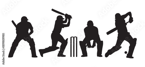 Cricket action silhouettes set with various batting styles and wicket keeper isolated on white background art