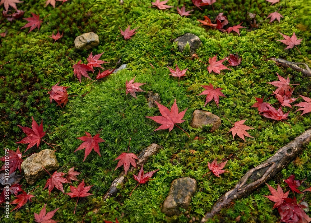 Naklejka premium 緑色の苔の上に散らばる鮮やかな赤い紅葉の葉、日本の秋の静寂とわびさびの風景