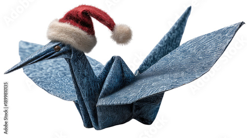 Blue origami crane wearing a festive Santa hat with a fluffy pom-pom, showcasing holiday spirit and creativity in art and culture for Christmas celebrations
