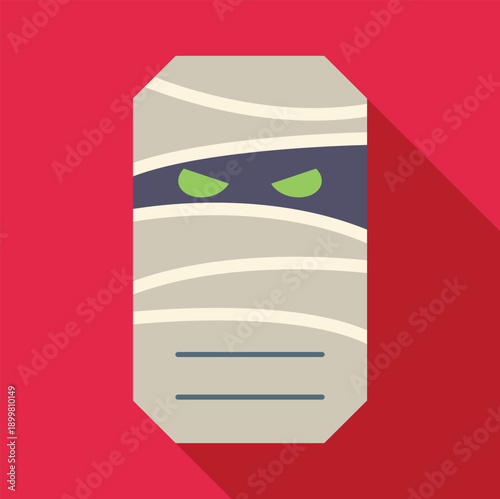 Cartoon mummy character with bandages and glowing green eyes on a red background