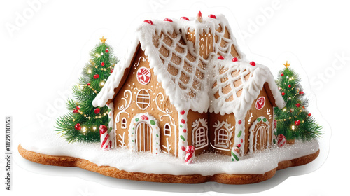 Delightful gingerbread house decorated with icing, candy, and colorful elements set against a winter-themed background evoking holiday cheer and warmth