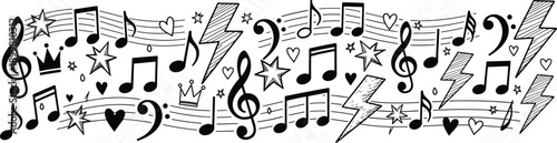 Hand drawn music doodle illustration with notes treble clef lightning hearts stars crowns on flowing staff lines, black and white sketch style vector design