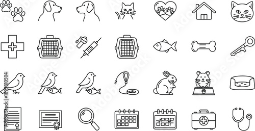 Pet care and veterinary line icons set with dogs cats birds fish medical supplies grooming and adoption symbols ideal for animal clinic apps and pet service branding