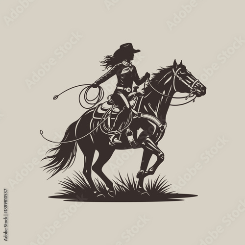 Dynamic illustration of a skilled cowgirl in silhouette confidently riding a galloping horse with a lasso embodying the spirit of the american west and rodeo adventure set