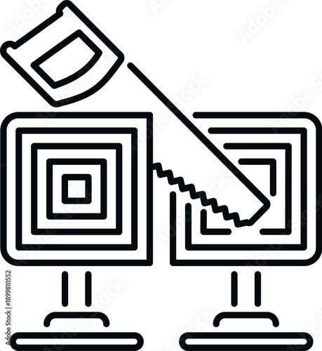 Saw dividing two computer screens, concept of technology disruption and data splitting