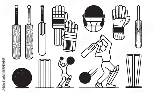 Cricket sports equipment outline icons collection includes bats gloves helmet ball wickets and players vector