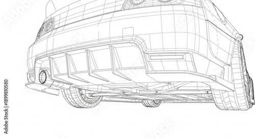 Detailed technical drawing of a cars rear chassis and exhaust system.
