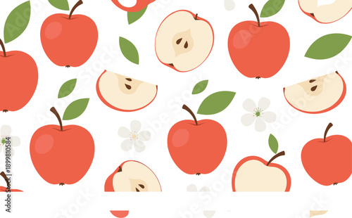 Vibrant Red Apple Vector Pattern Featuring Whole Fruit, Half Slices, Wedges, and Delicate White Blossoms for Healthy Food Branding and Kitchen Textile Designs