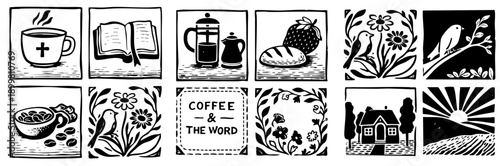 Minimal Christian Faith and Daily Life Line Icons Set with Bible Coffee Prayer Nature Symbols