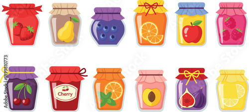 Colorful Fruit Jam and Preserve Glass Jar Set Featuring Strawberry, Blueberry, Peach, Apple, and Fig Marmalade for Pantry Labels and Culinary Designs