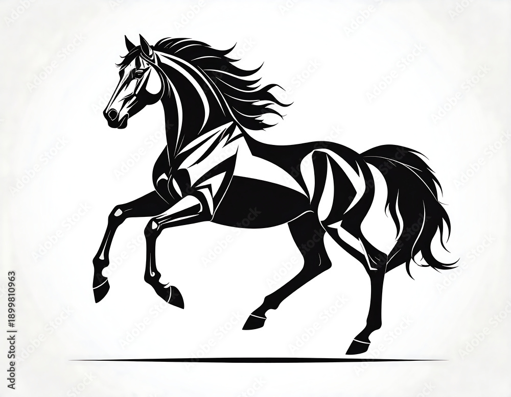 Obraz premium Dramatic black horse in profile, stylized, leaping. Manicured mane & tail, white background