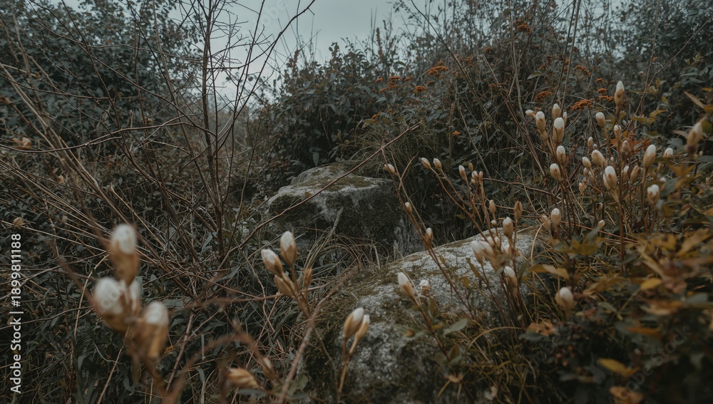 Fototapeta premium Flowers and Rocks in a Wild Garden During an Overcast Day in Autumn