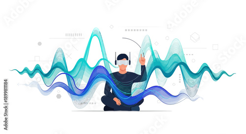 Immersive virtual reality experience represented by a seated man with digital waves