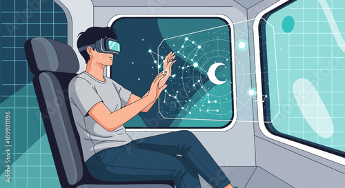Immersive Virtual Reality Experience: Man Navigating a Digital Universe in Futuristic Spacecraft