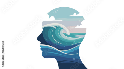 Abstract illustration of a human head containing an ocean. 