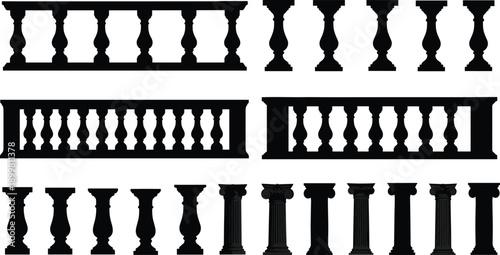 Architectural baluster and column silhouettes set including railing, classical pillars, and decorative elements, black isolated vector shapes for building and design projects