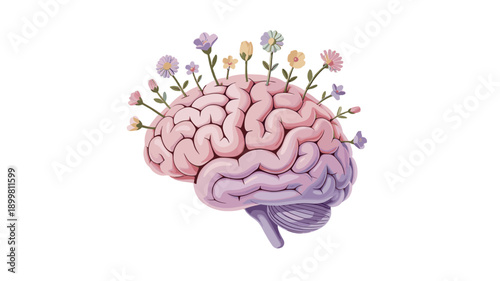 Blooming mind concept with flowers on the brain.