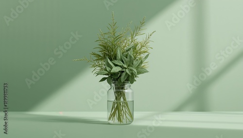 Green Plants in Glass Jar on Simple Table in Bright Room With Natural Light