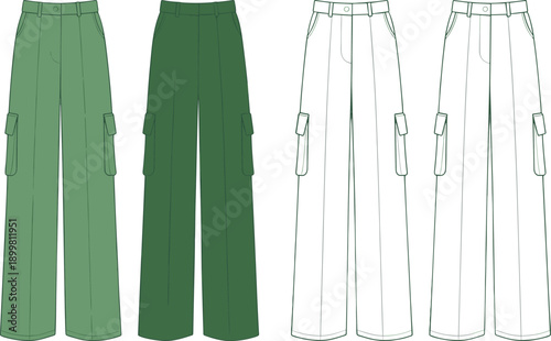 Cargo pants CAD drawing, flat vector fashion illustration with green color options, flap pockets, button waist, wide-leg outline views