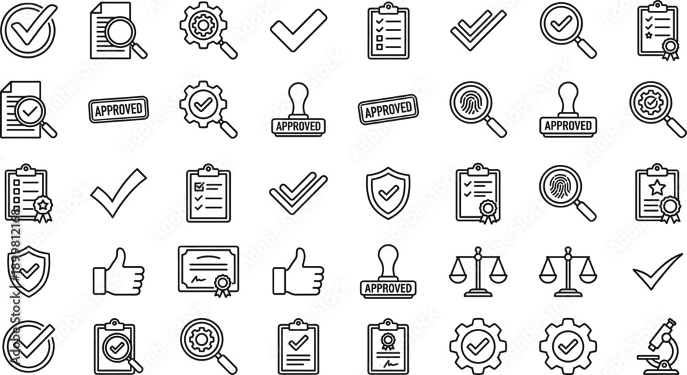 Fototapeta premium Approval, verification and quality control outline icons set with check marks, documents, stamps and shields, business validation symbols, modern line vector, isolated on white background