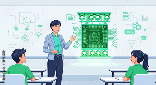 Innovative technology education scenario showing interactive learning about circuits and