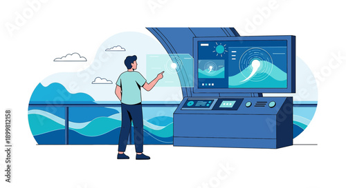 Innovative technology interface controlling oceans, marine analysis display and man interacting