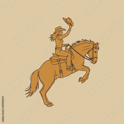 Dynamic illustration of a female cowgirl in silhouette riding a bucking horse raising her hat in a triumphant gesture against a muted warm toned background evoking a spirit