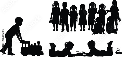 Black silhouette children group playing with toys, kids standing and lying poses, childhood learning and fun concept, isolated on white background, flat vector illustration set