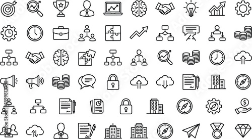 Minimal business and marketing line icon set showing strategy finance teamwork analytics growth management symbols for corporate presentation website UI infographic design