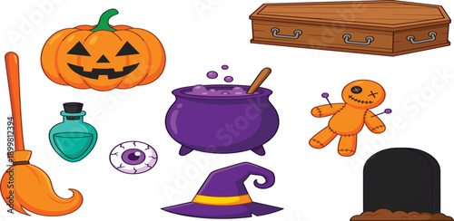 Halloween icon set featuring a carved pumpkin wooden coffin purple cauldron voodoo doll witch hat broom potion bottle and tombstone isolated on white background