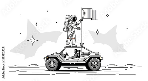 Lunar exploration and achievement, an astronaut stands atop rover on the moon with flag