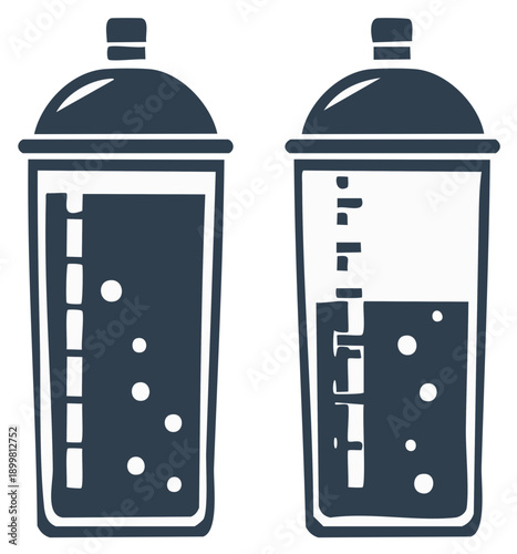 Two cartoon style beverage cups with measurement markings and bubbles showcasing liquid volume comparison