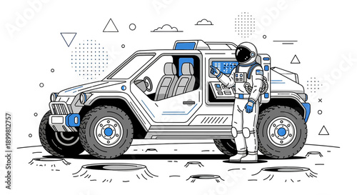 Lunar Exploration Vehicle with Astronaut: A Detailed Line Art Illustration on White