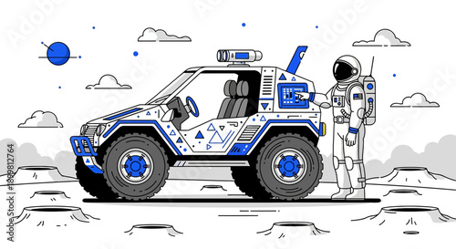 Lunar explorer interacting with futuristic vehicle on a stylized moonscape illustration