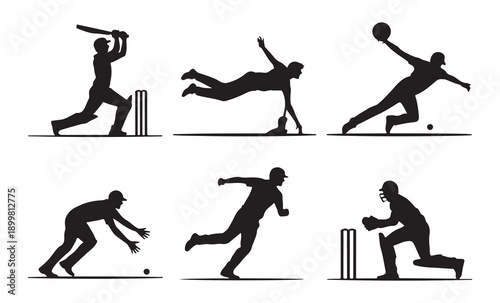 Cricket player character silhouettes featuring divers fielders bowlers and wicket keepers in active motion