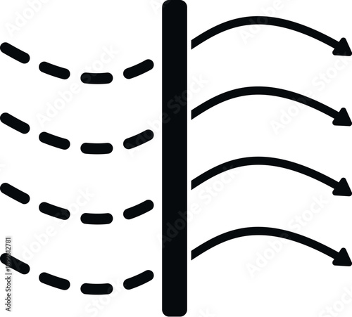 Solid barrier deflecting multiple incoming dotted lines with arrows