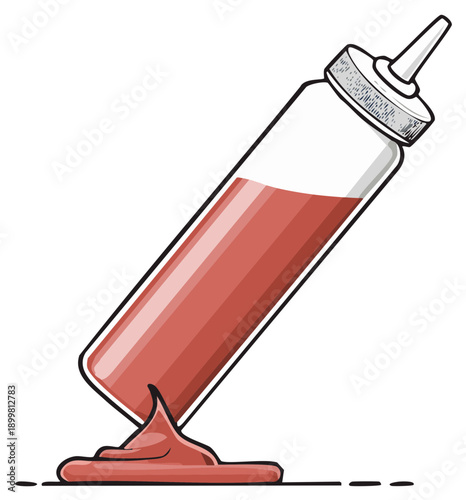 Cartoon Ketchup Bottle Leaning with Puddle Illustration vector drawing condiment tomato sauce flavor ingredient food art kitchen